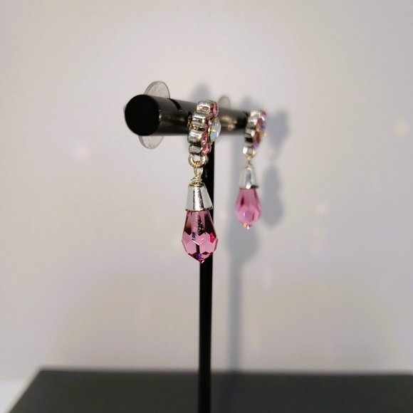 Pink/Clear Flower Dangle Drop Earrings - Picture 5 of 6
